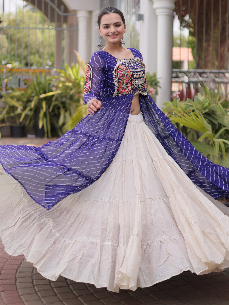 Magnetic Blue Kutchi Patch Work Cotton Navratri Wear Lehenga With Kurti