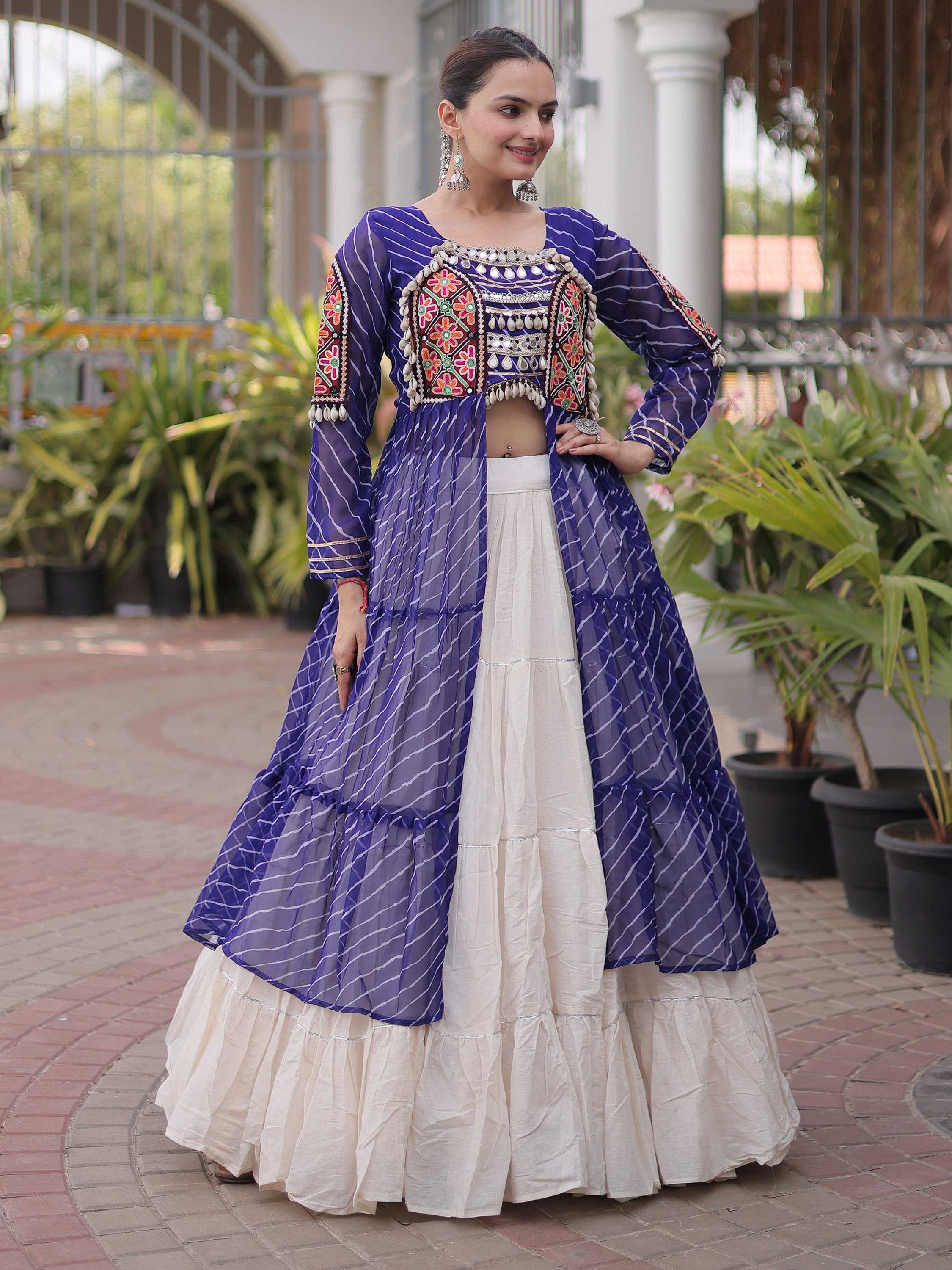 Magnetic Blue Kutchi Patch Work Cotton Navratri Wear Lehenga With Kurti