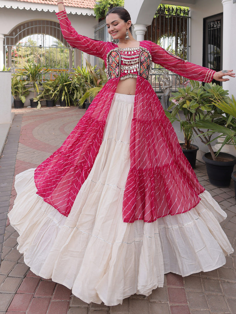 Splendid Pink Patch Work Cotton Navratri Special Lehenga With Kurti Set