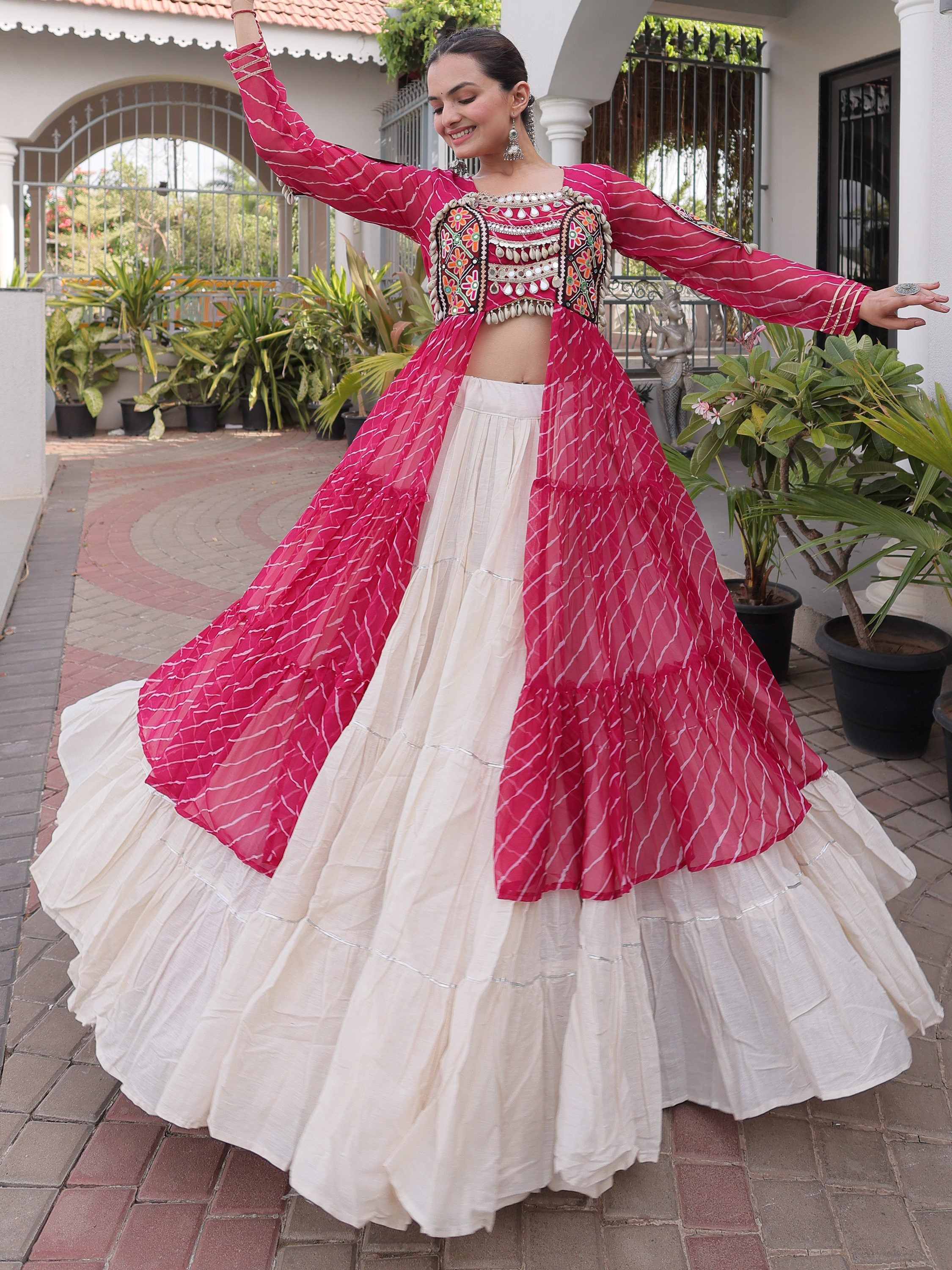 Splendid Pink Patch Work Cotton Navratri Special Lehenga With Kurti Set