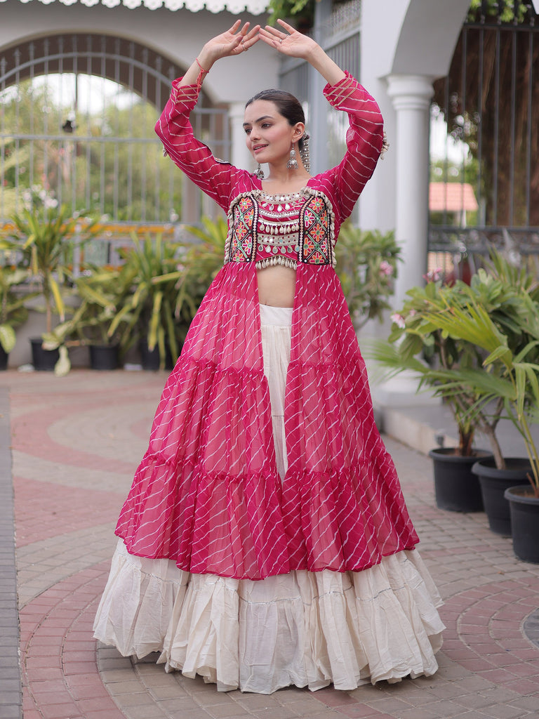 Splendid Pink Patch Work Cotton Navratri Special Lehenga With Kurti Set