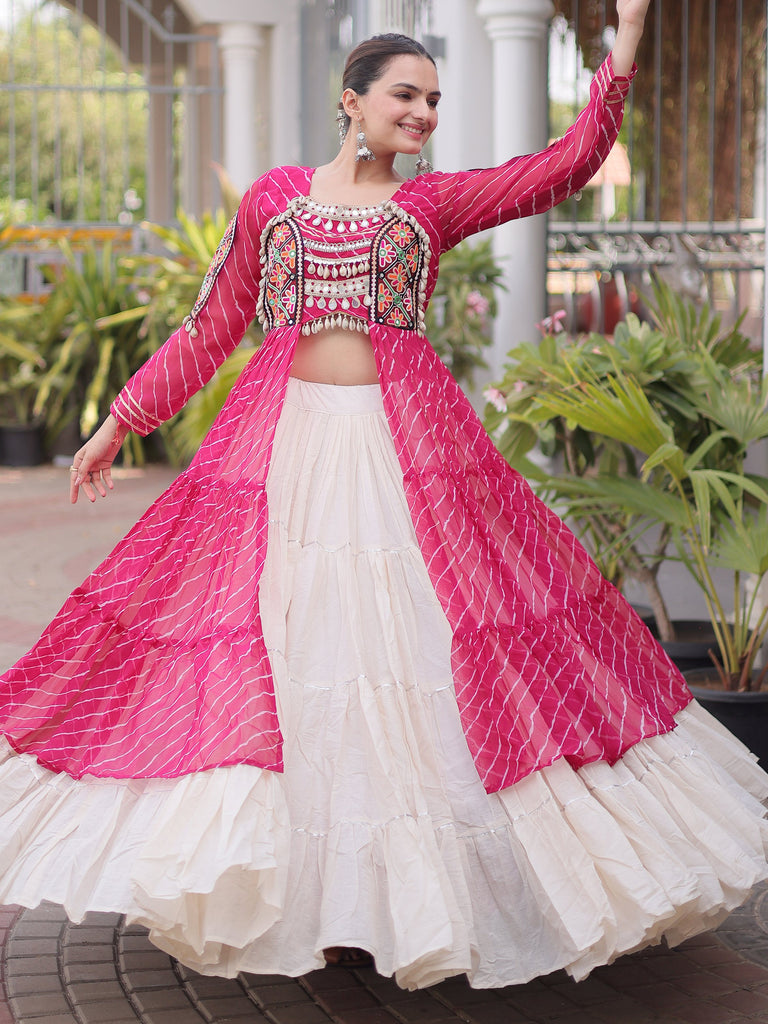Splendid Pink Patch Work Cotton Navratri Special Lehenga With Kurti Set