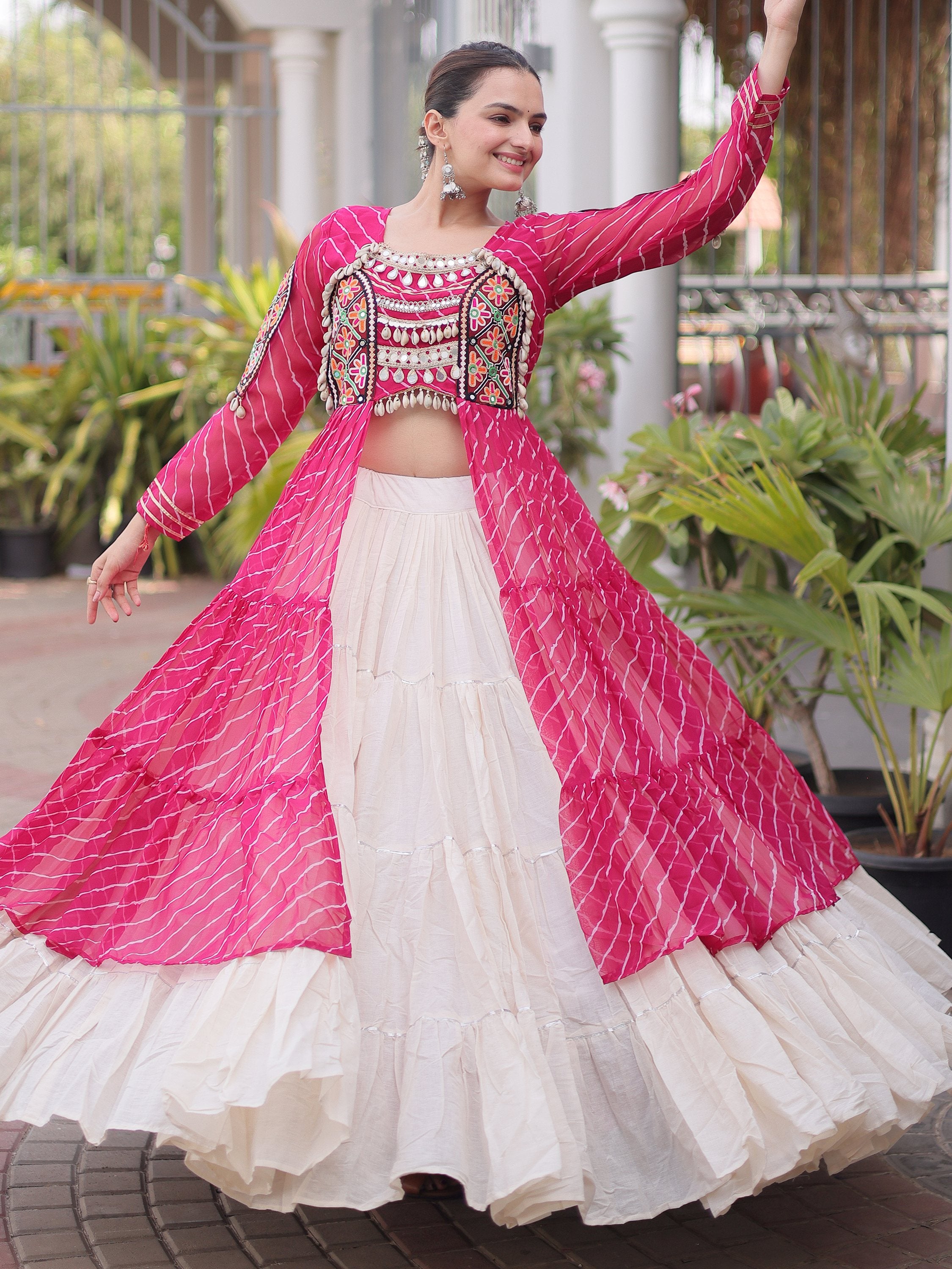 Splendid Pink Patch Work Cotton Navratri Special Lehenga With Kurti Set
