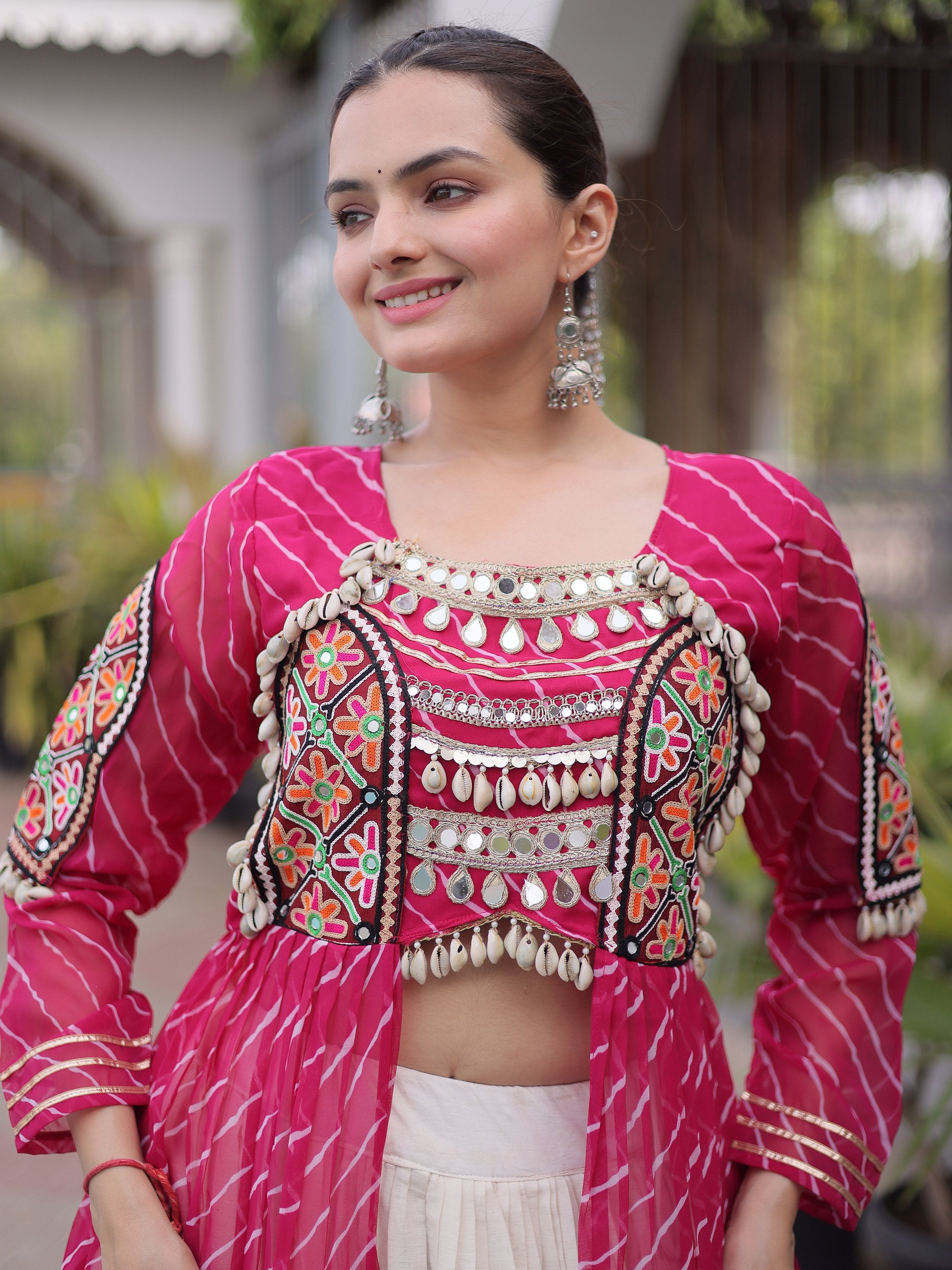 Splendid Pink Patch Work Cotton Navratri Special Lehenga With Kurti Set