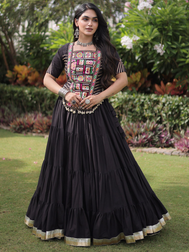 Wonderful Black Mirror Work Cotton Navratri Wear Lehenga Choli