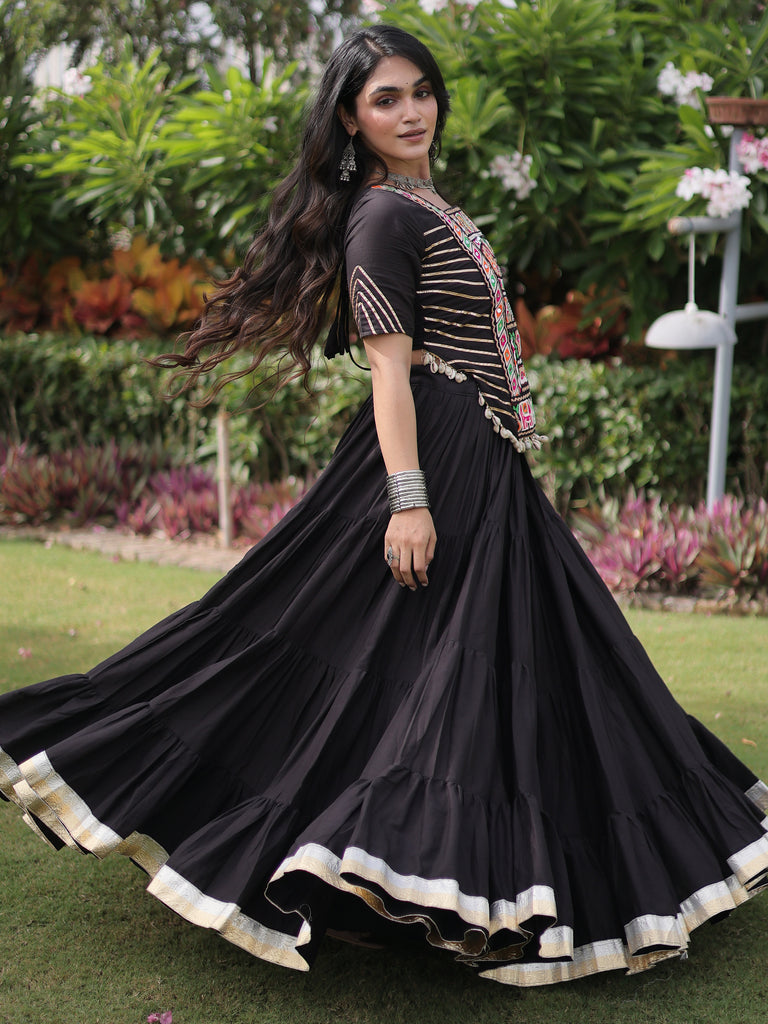 Wonderful Black Mirror Work Cotton Navratri Wear Lehenga Choli