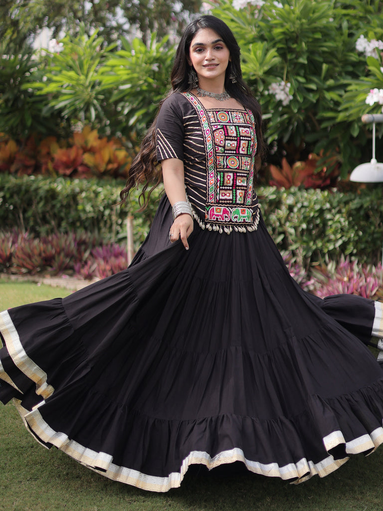 Wonderful Black Mirror Work Cotton Navratri Wear Lehenga Choli