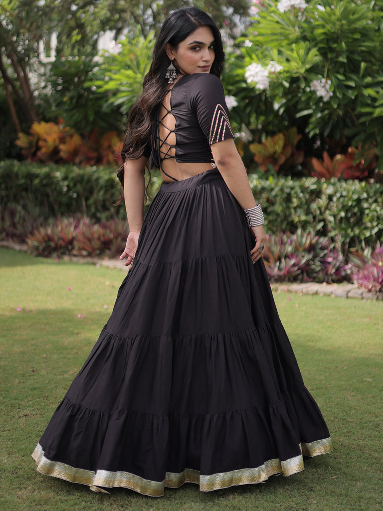 Wonderful Black Mirror Work Cotton Navratri Wear Lehenga Choli