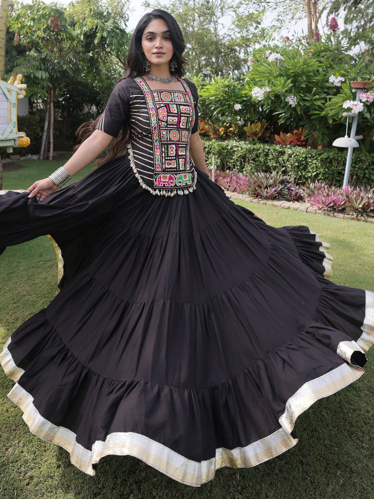 Wonderful Black Mirror Work Cotton Navratri Wear Lehenga Choli