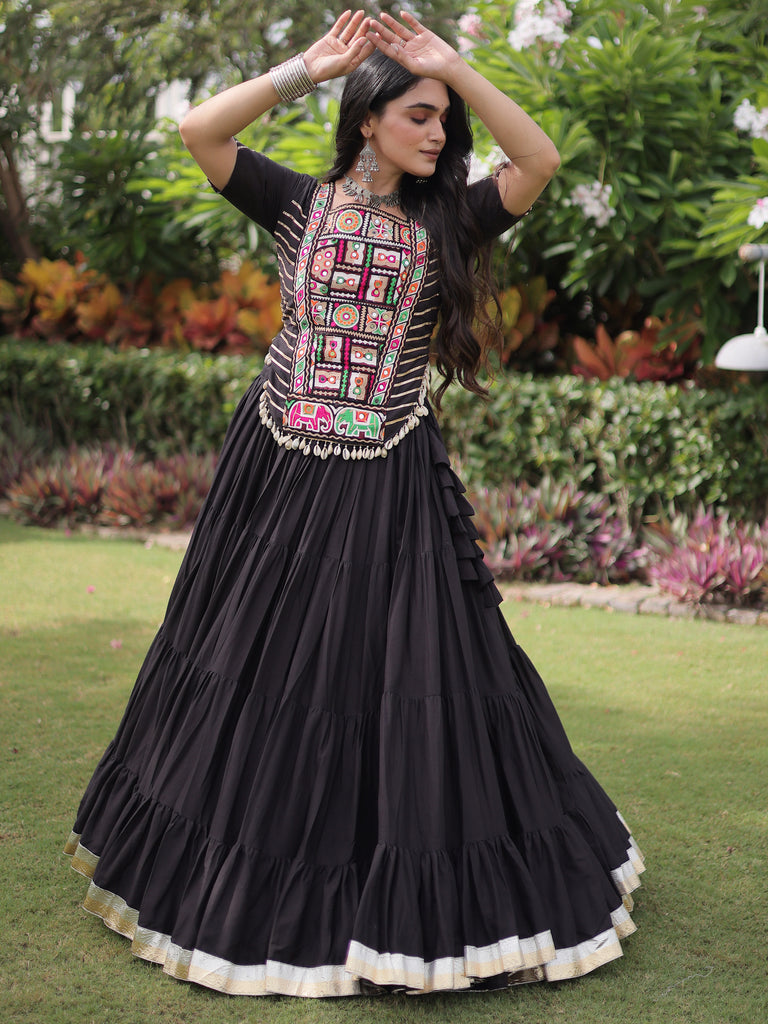 Wonderful Black Mirror Work Cotton Navratri Wear Lehenga Choli