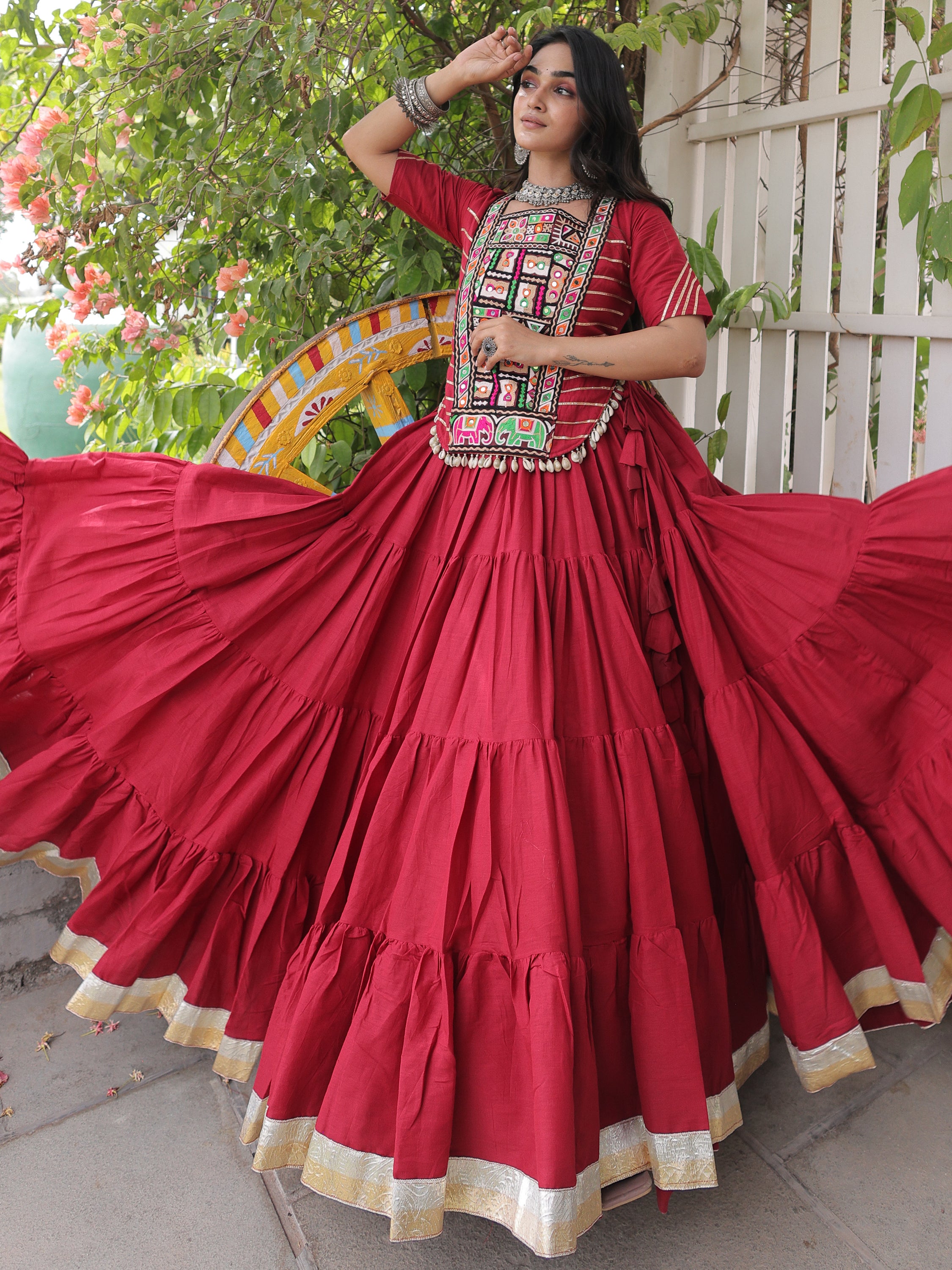 Attractive Red Patch Work Cotton Navratri Special Lehenga Choli