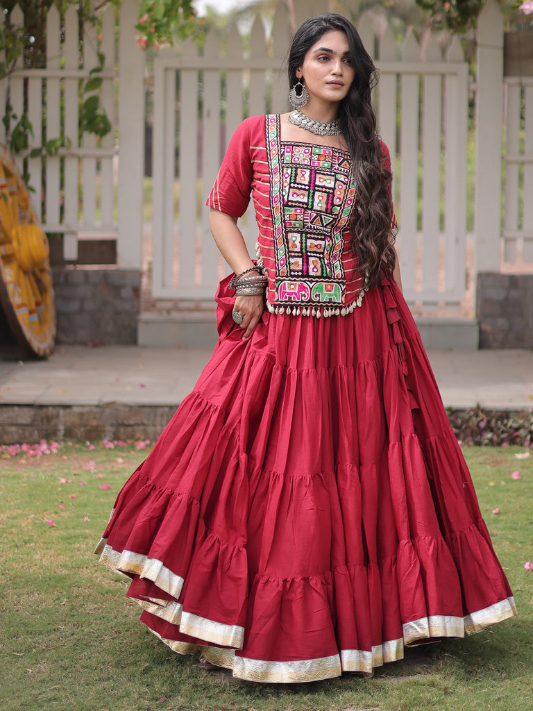 Attractive Red Patch Work Cotton Navratri Special Lehenga Choli