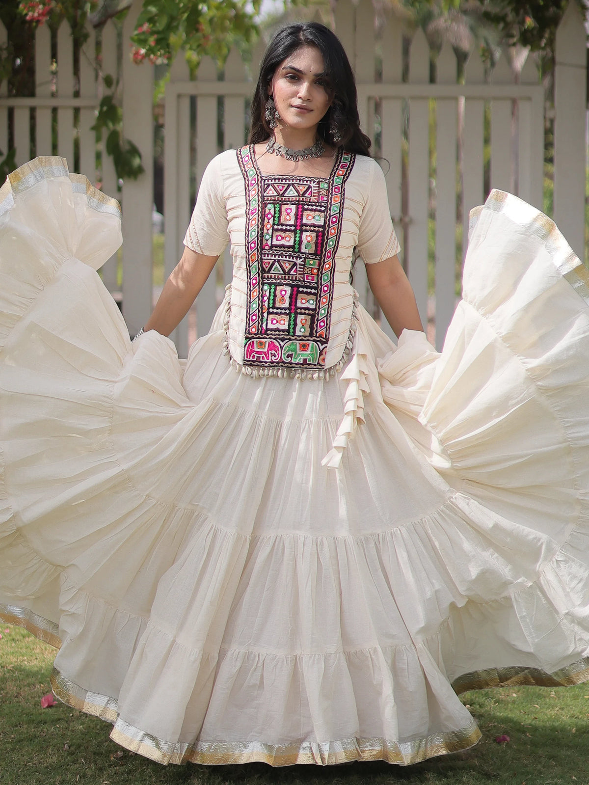 Gorgeous White Patch Work Cotton Navratri Special Lehenga Choli