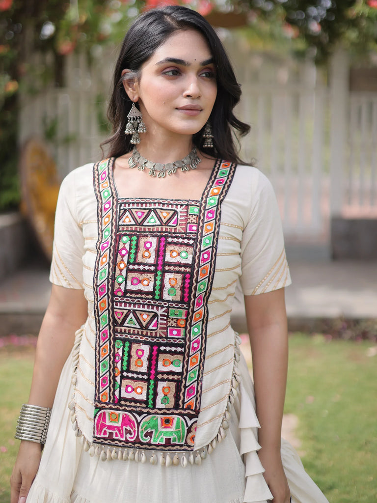 Gorgeous White Patch Work Cotton Navratri Special Lehenga Choli