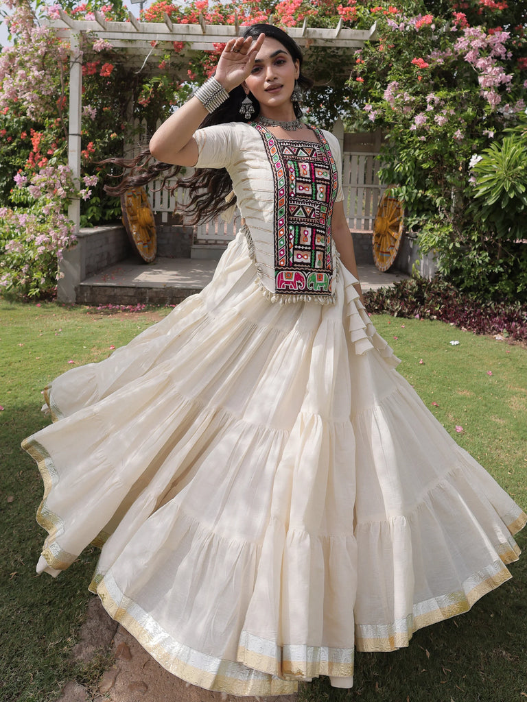 Gorgeous White Patch Work Cotton Navratri Special Lehenga Choli
