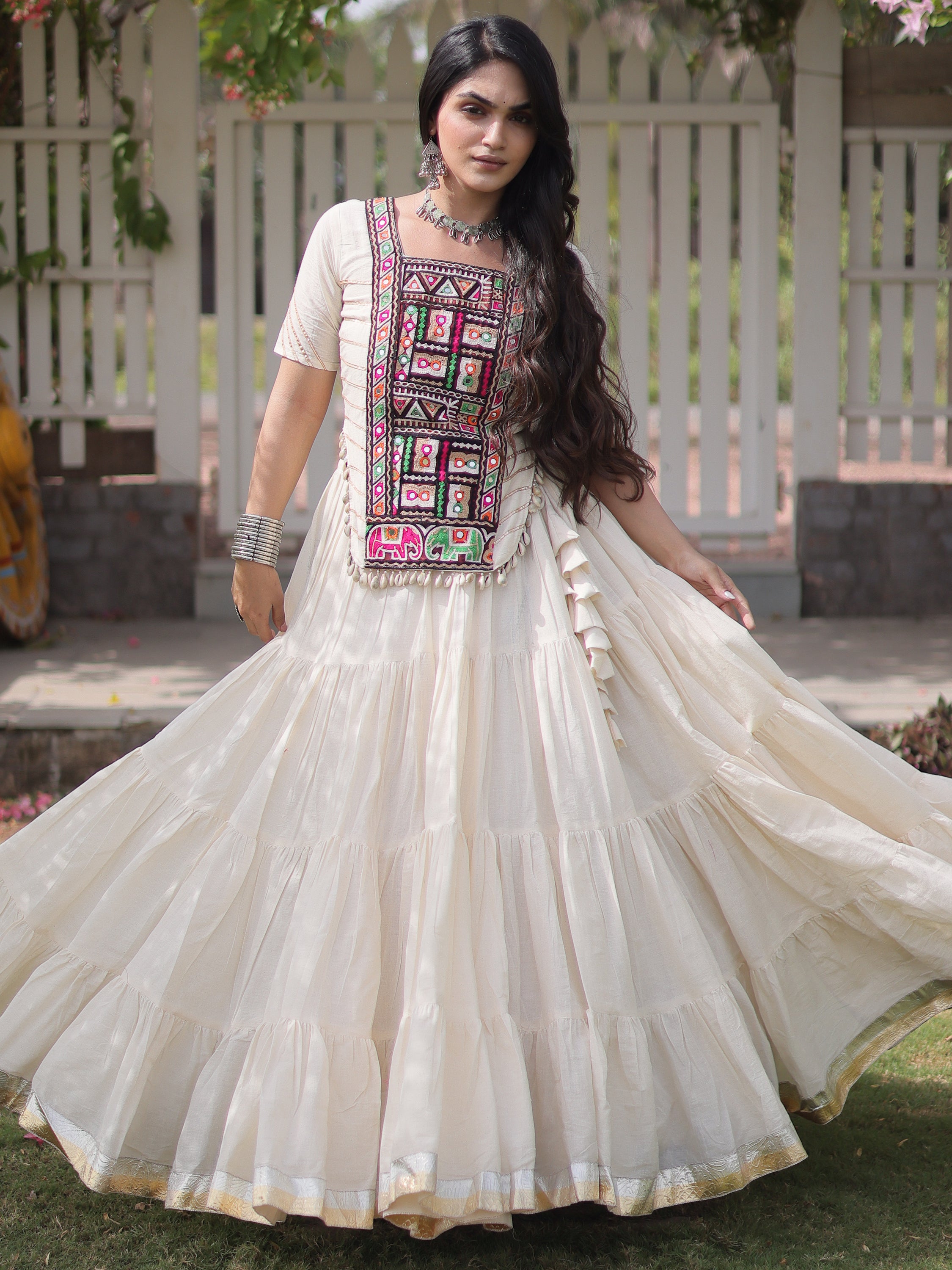 Gorgeous White Patch Work Cotton Navratri Special Lehenga Choli