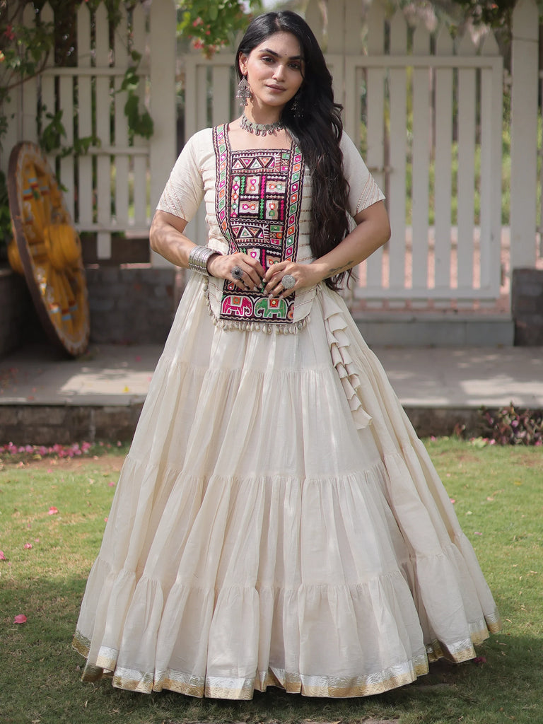 Gorgeous White Patch Work Cotton Navratri Special Lehenga Choli
