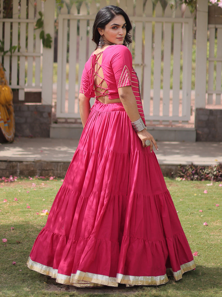 Stylish Rani Pink Kutchi Work Cotton Navratri Wear Lehenga Choli