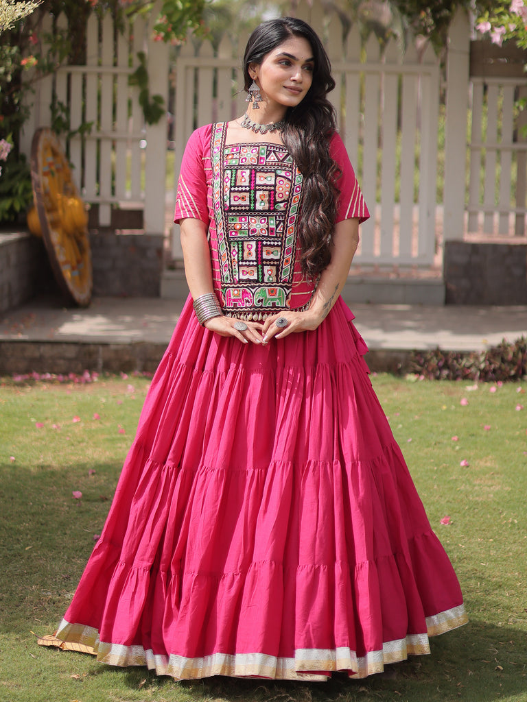 Stylish Rani Pink Kutchi Work Cotton Navratri Wear Lehenga Choli