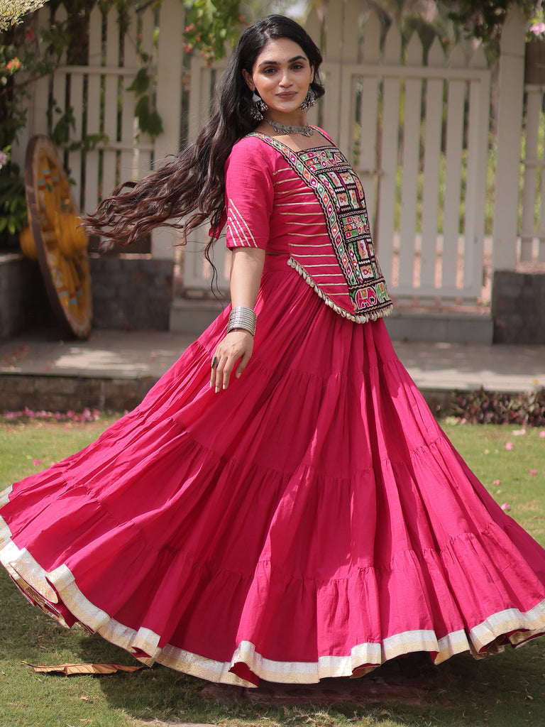 Stylish Rani Pink Kutchi Work Cotton Navratri Wear Lehenga Choli