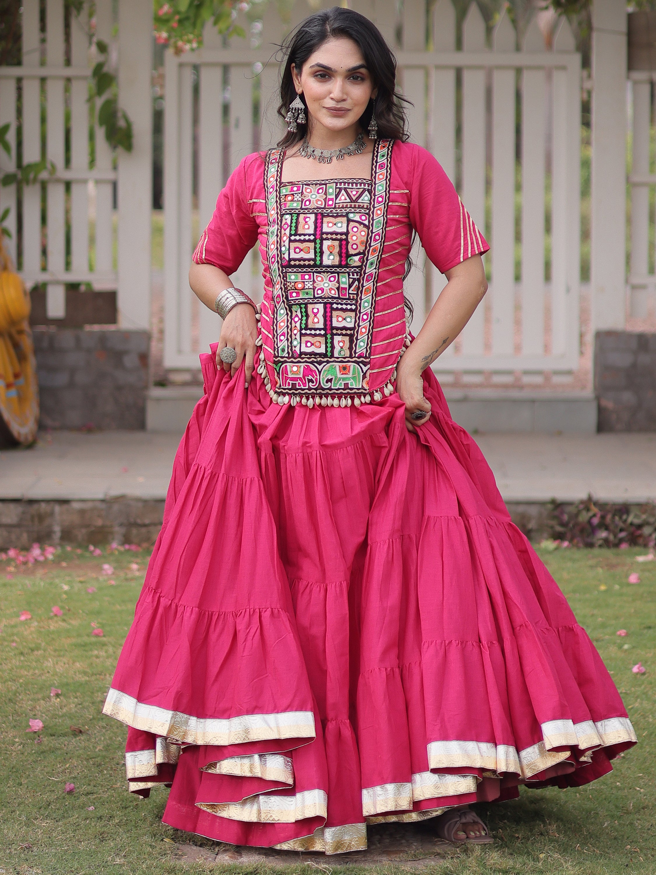 Stylish Rani Pink Kutchi Work Cotton Navratri Wear Lehenga Choli