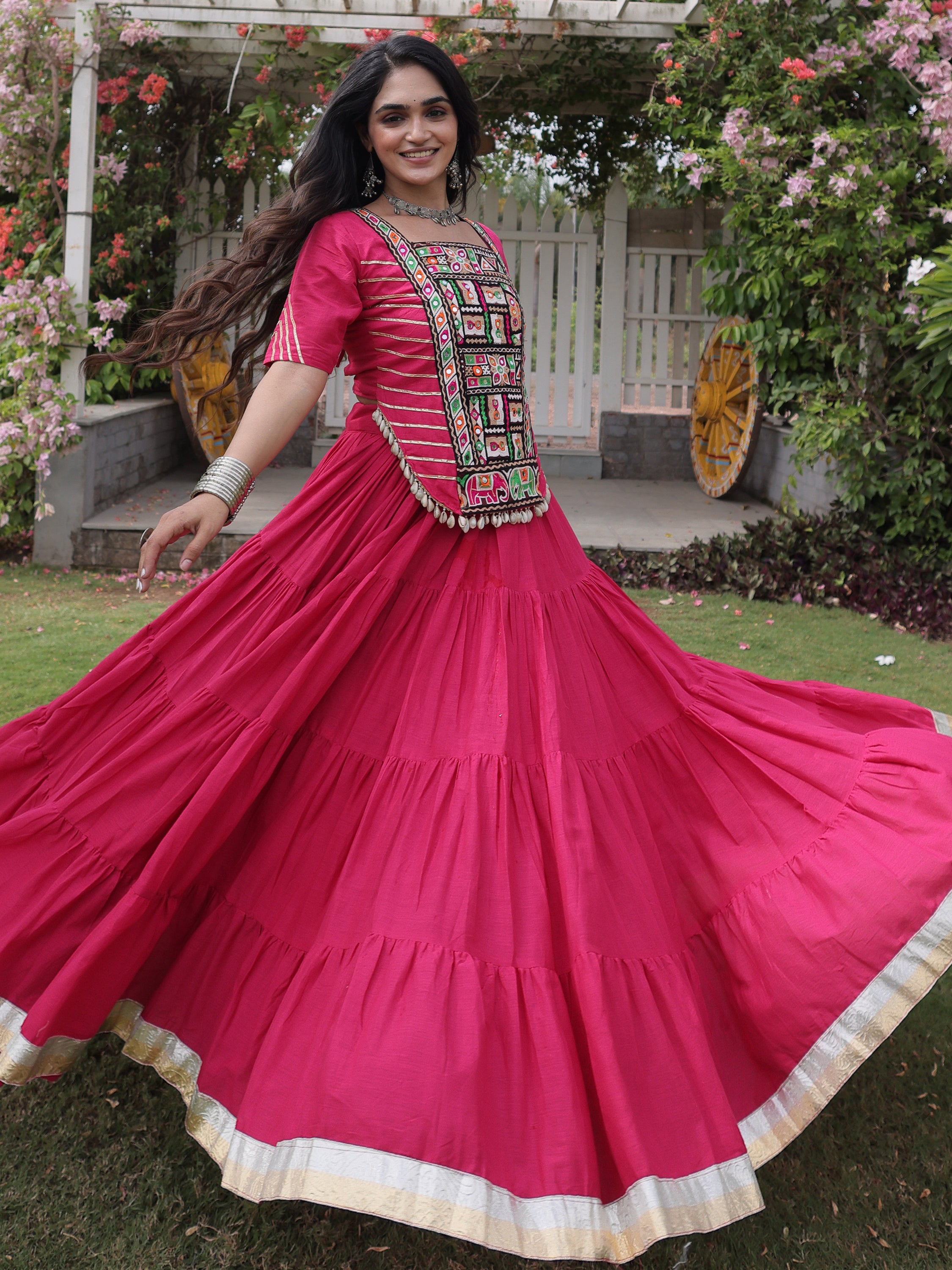 Stylish Rani Pink Kutchi Work Cotton Navratri Wear Lehenga Choli