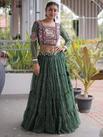 Superb Bottle Green Bandhani Printed Georgette Navratri Lehenga Choli