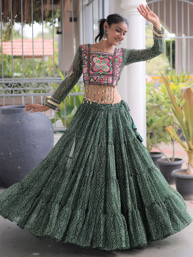 Superb Green Bandhani Printed Georgette Navratri Wear Lehenga Choli