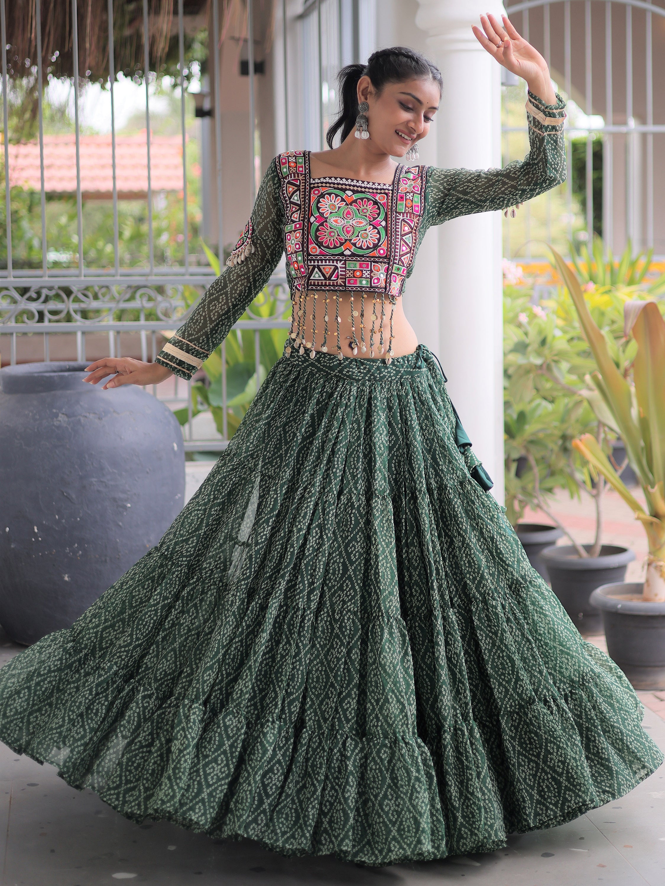 Superb Green Bandhani Printed Georgette Navratri Wear Lehenga Choli