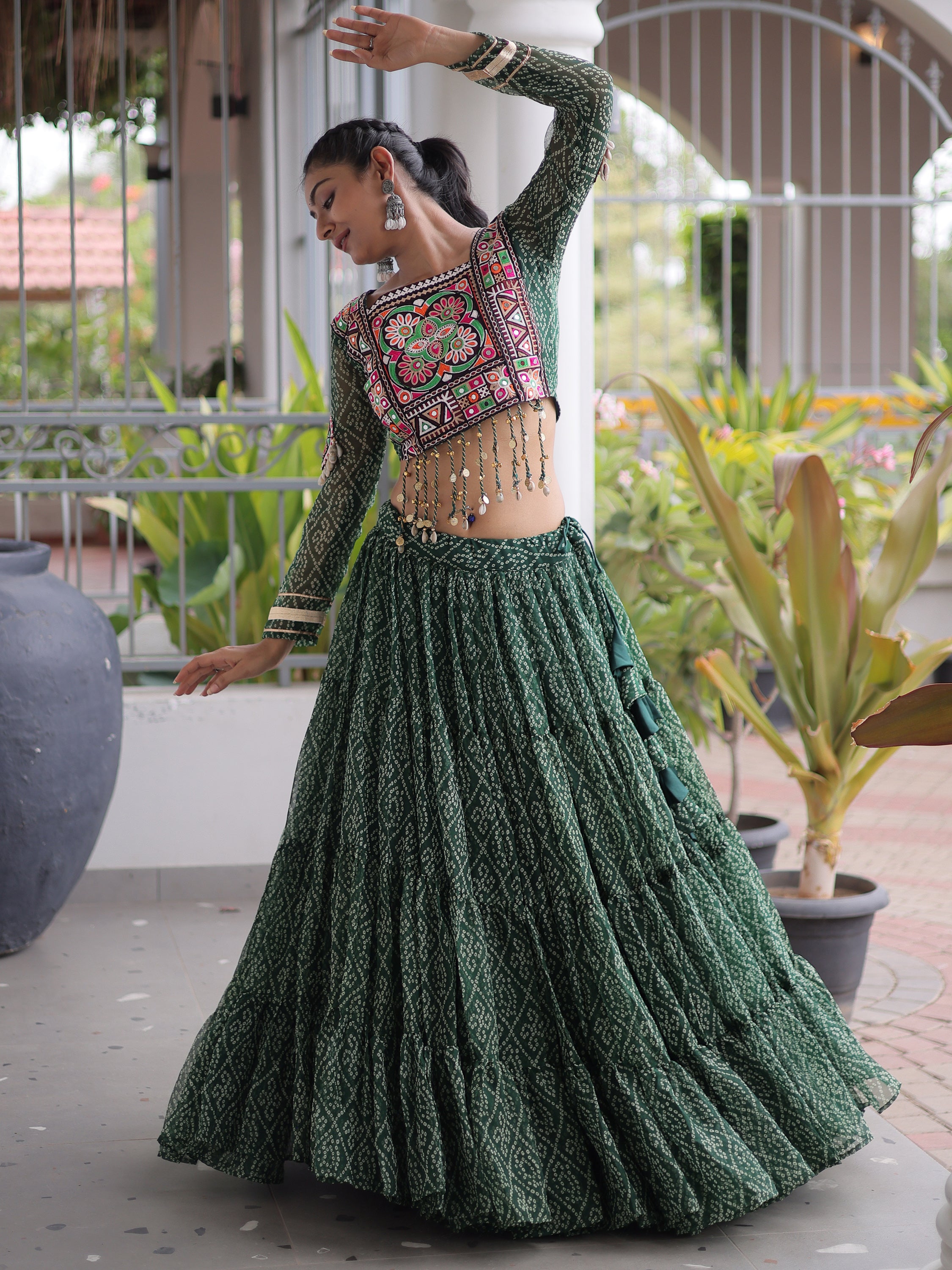 Superb Green Bandhani Printed Georgette Navratri Wear Lehenga Choli