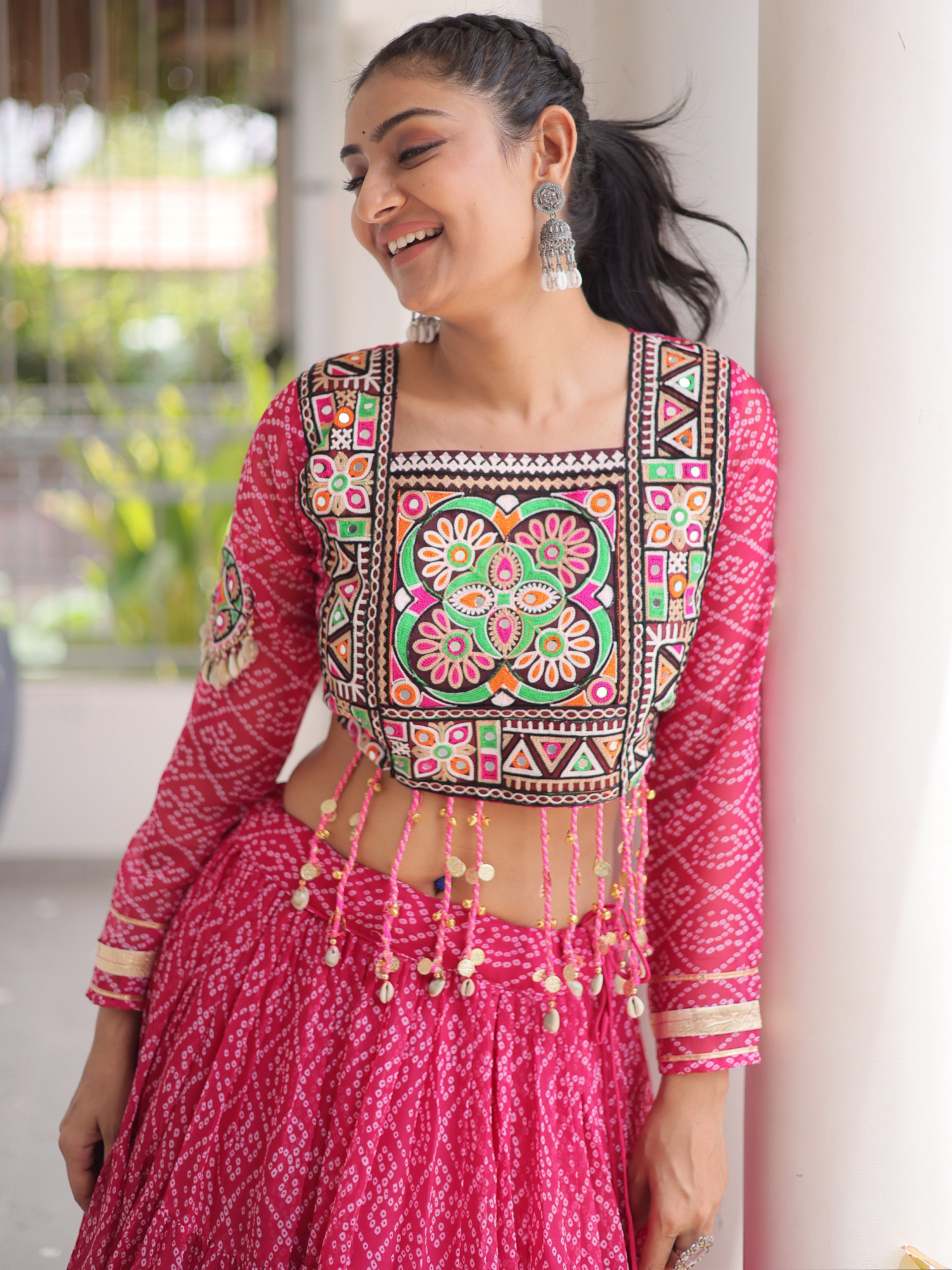 Excellent Pink Bandhani Printed Georgette Navratri Wear Lehenga Choli