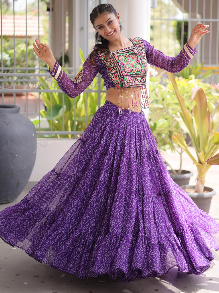 Magnetic Purple Bandhani Printed Georgette Navratri Special Lehenga Choli