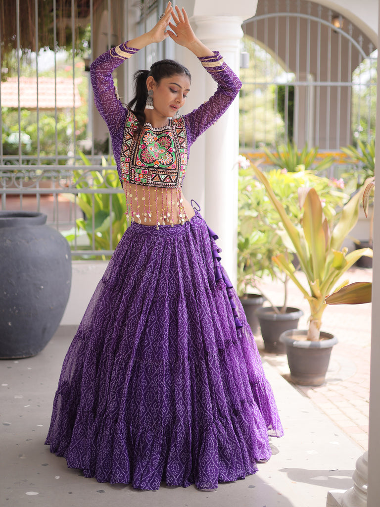 Magnetic Purple Bandhani Printed Georgette Navratri Special Lehenga Choli