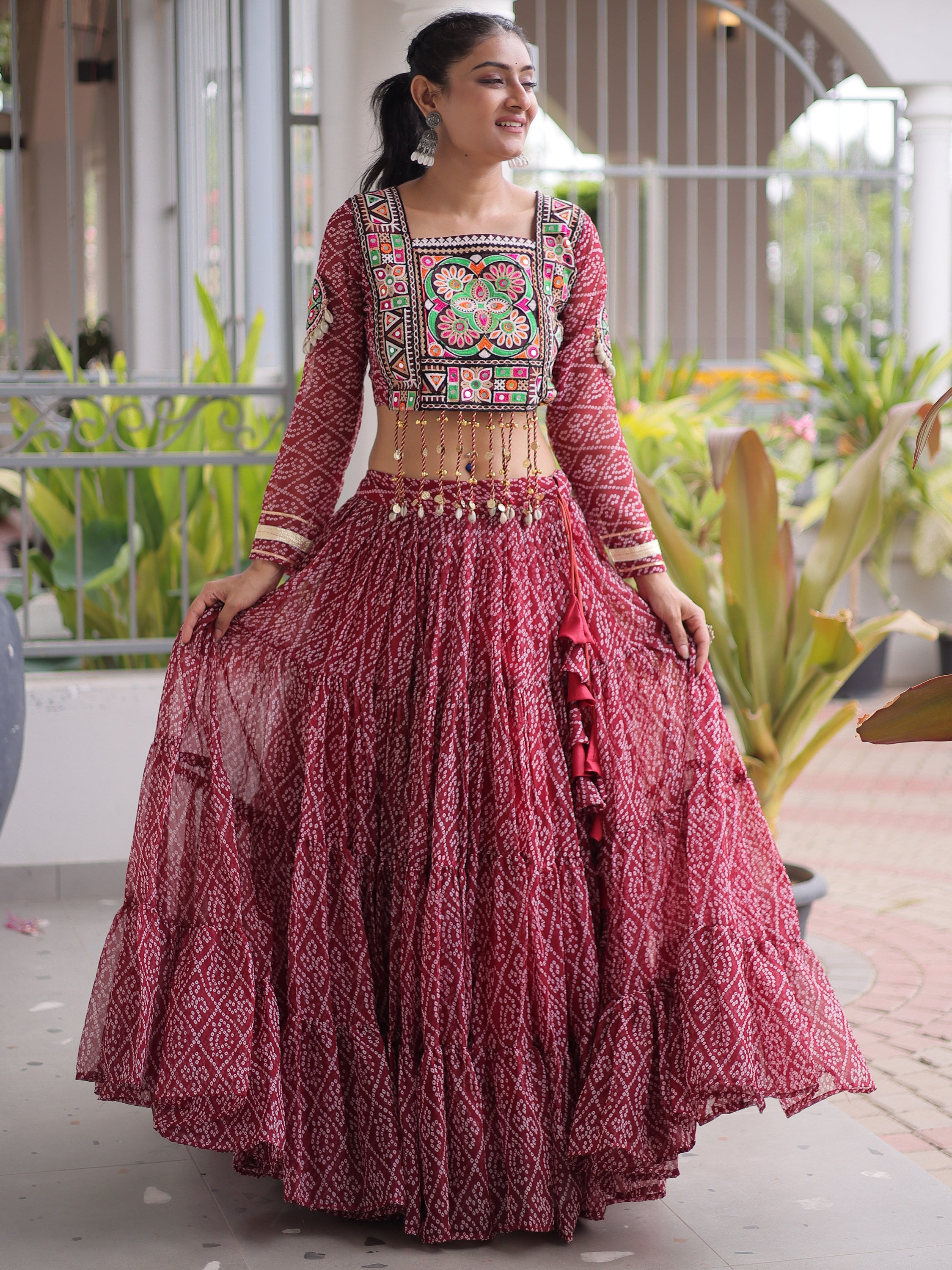 Awesome Maroon Georgette Navratri Special Lehenga Patch Work Choli