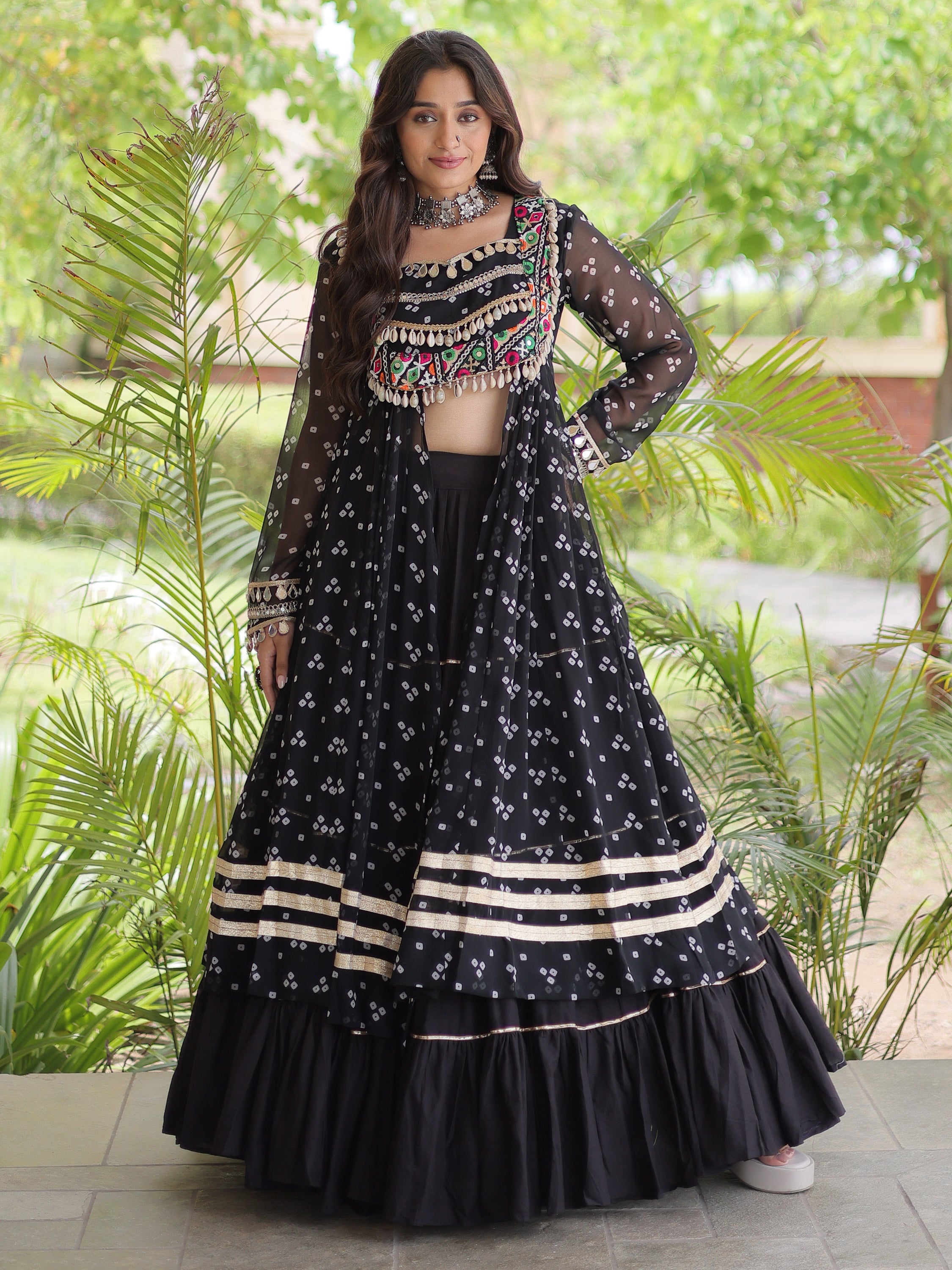 Dazzling Black Patch Work Cotton Navratri Special Lehenga And Kurti Set