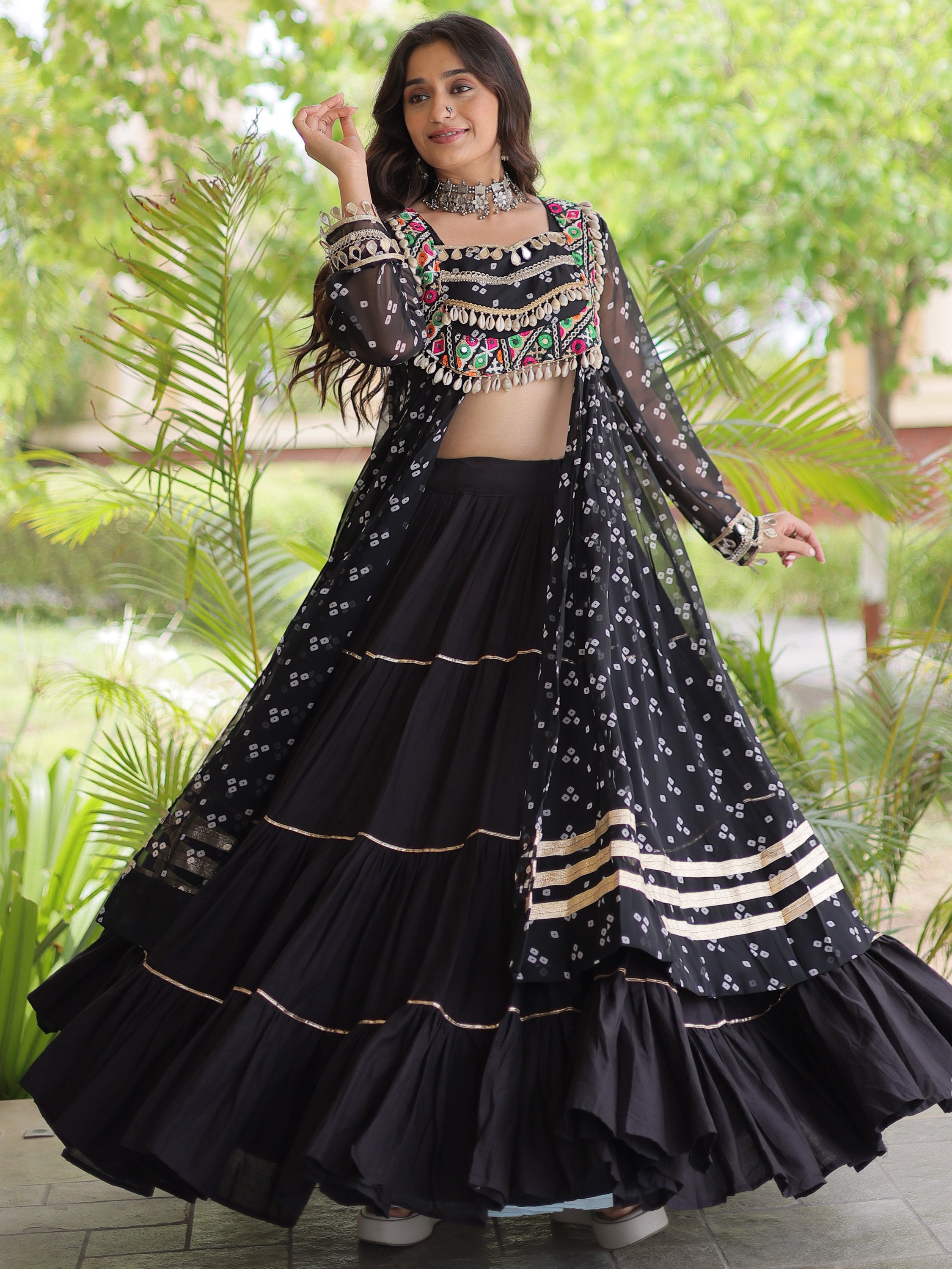 Dazzling Black Patch Work Cotton Navratri Special Lehenga And Kurti Set