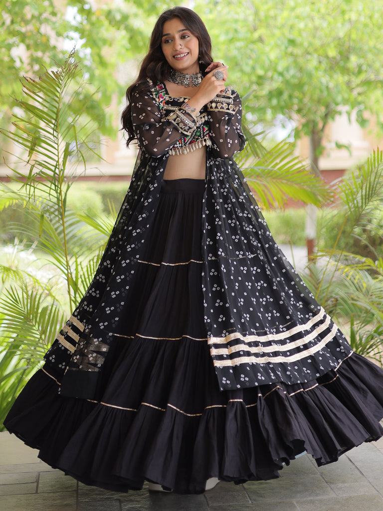 Dazzling Black Patch Work Cotton Navratri Special Lehenga And Kurti Set