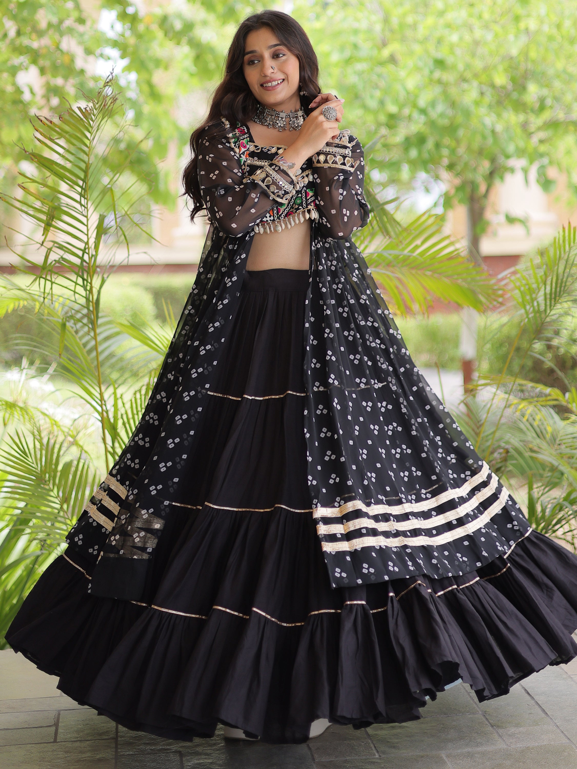 Dazzling Black Patch Work Cotton Navratri Special Lehenga And Kurti Set