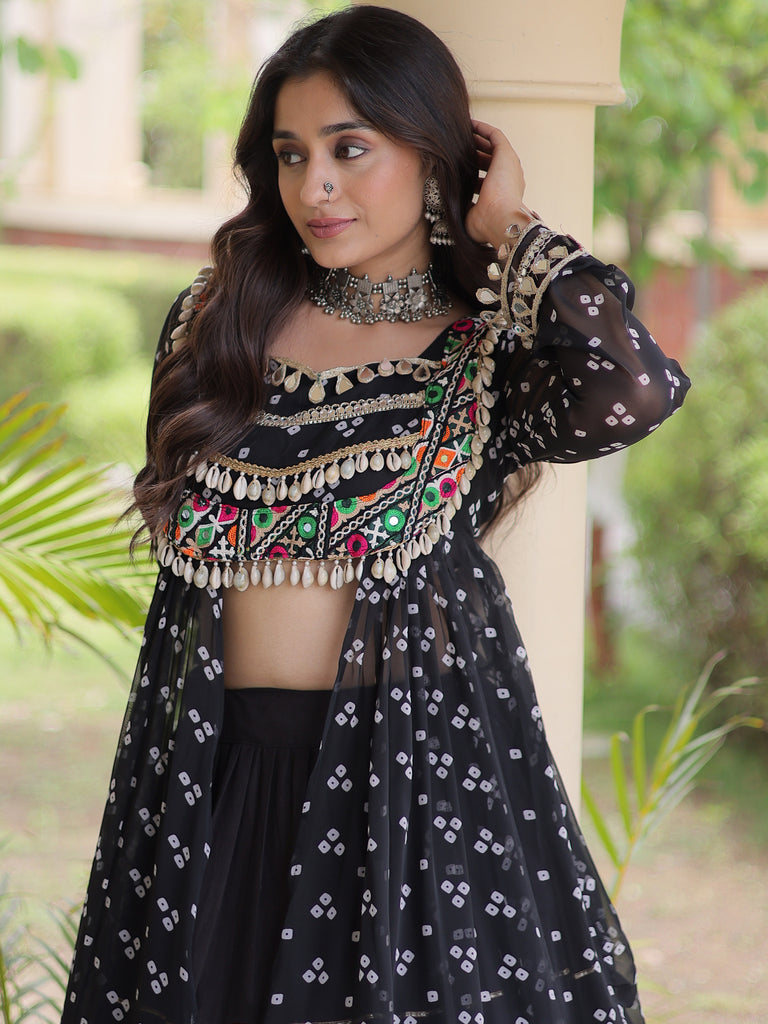 Dazzling Black Patch Work Cotton Navratri Special Lehenga And Kurti Set