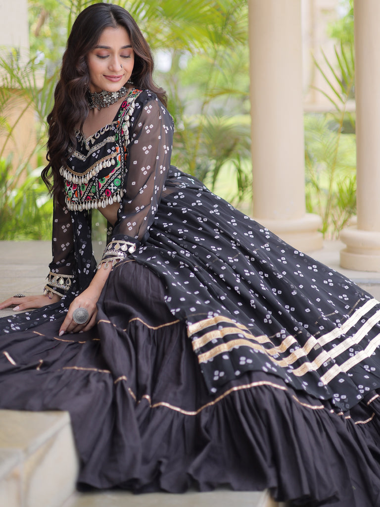 Dazzling Black Patch Work Cotton Navratri Special Lehenga And Kurti Set