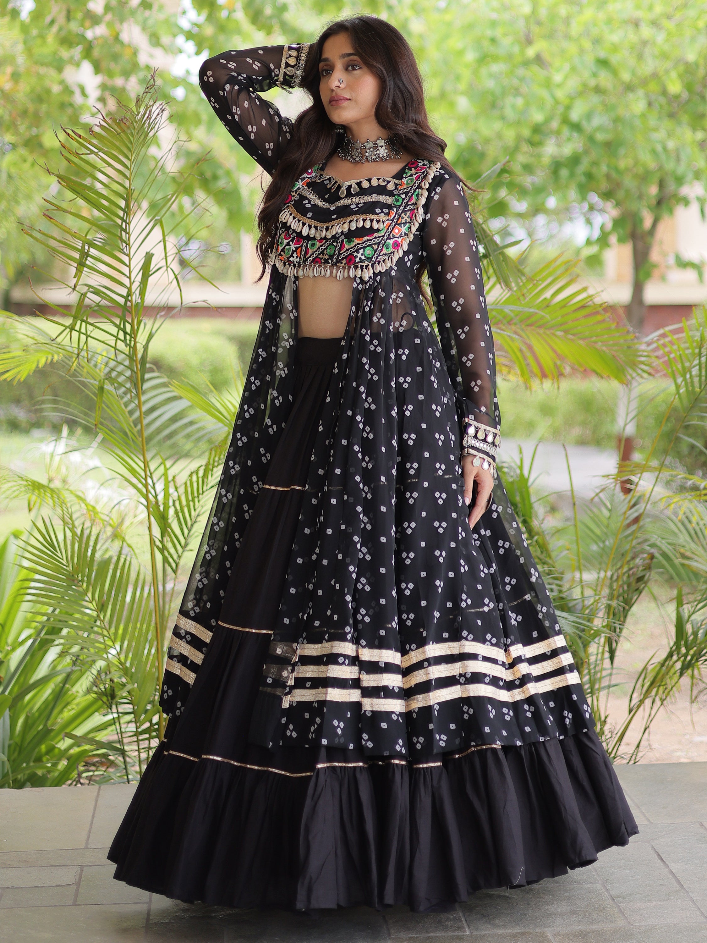 Dazzling Black Patch Work Cotton Navratri Special Lehenga And Kurti Set