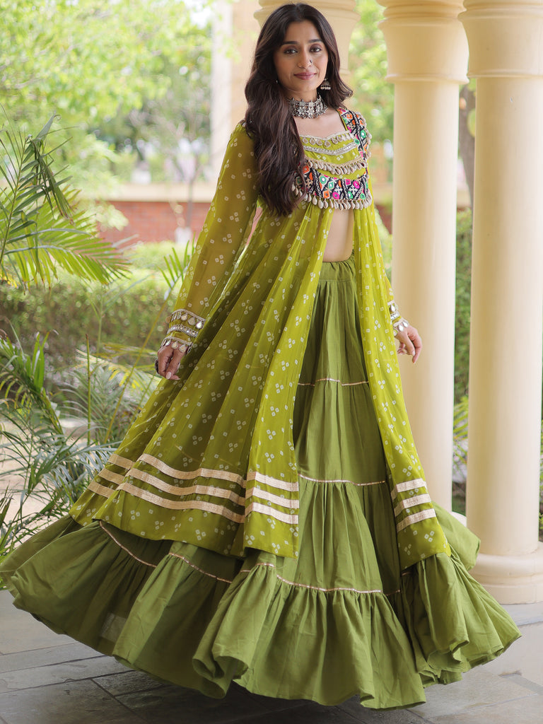 Glorious Olive Green Patch Work Cotton Navratri Wear Lehenga With Kurti