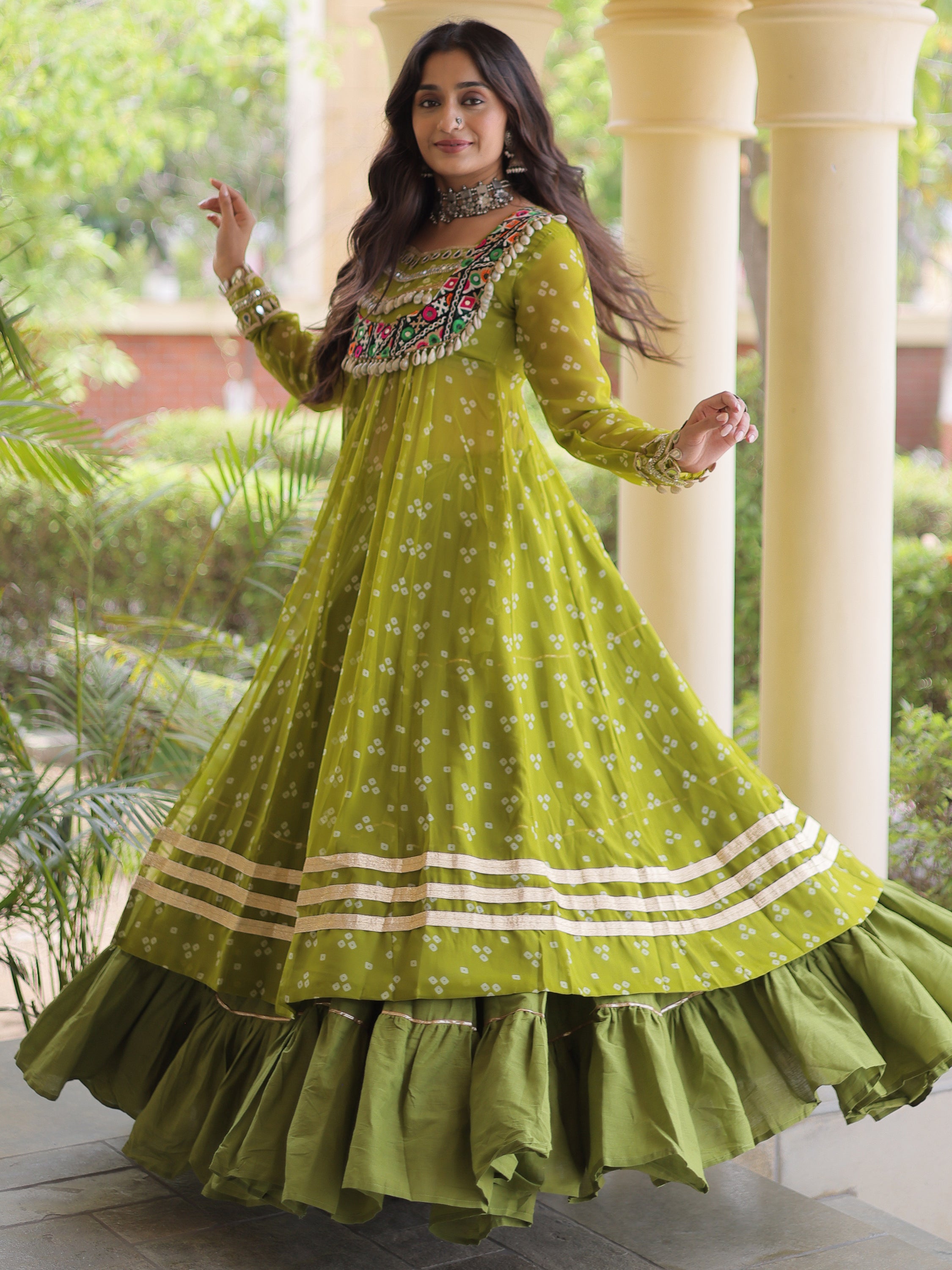 Glorious Olive Green Patch Work Cotton Navratri Wear Lehenga With Kurti