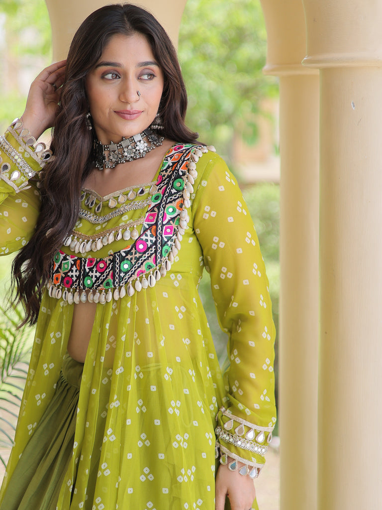 Glorious Olive Green Patch Work Cotton Navratri Wear Lehenga With Kurti