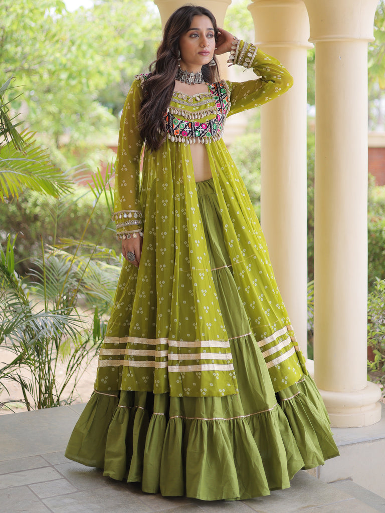 Glorious Olive Green Patch Work Cotton Navratri Wear Lehenga With Kurti