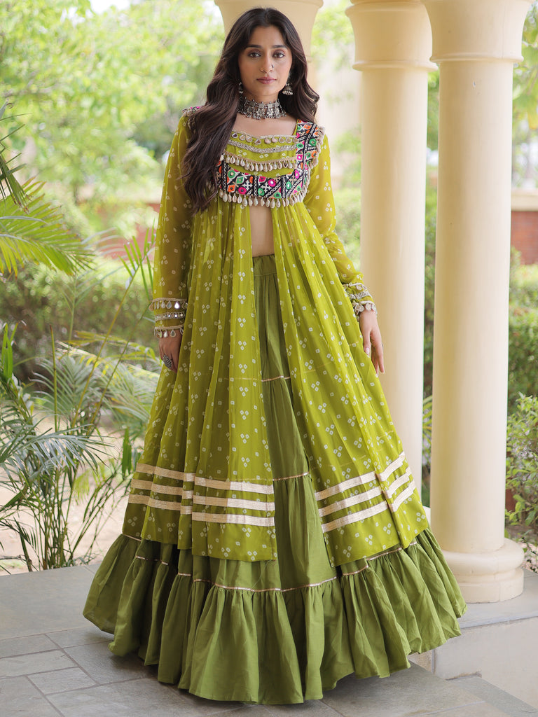 Glorious Olive Green Patch Work Cotton Navratri Wear Lehenga With Kurti