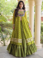 Glorious Olive Green Patch Work Cotton Navratri Wear Lehenga With Kurti