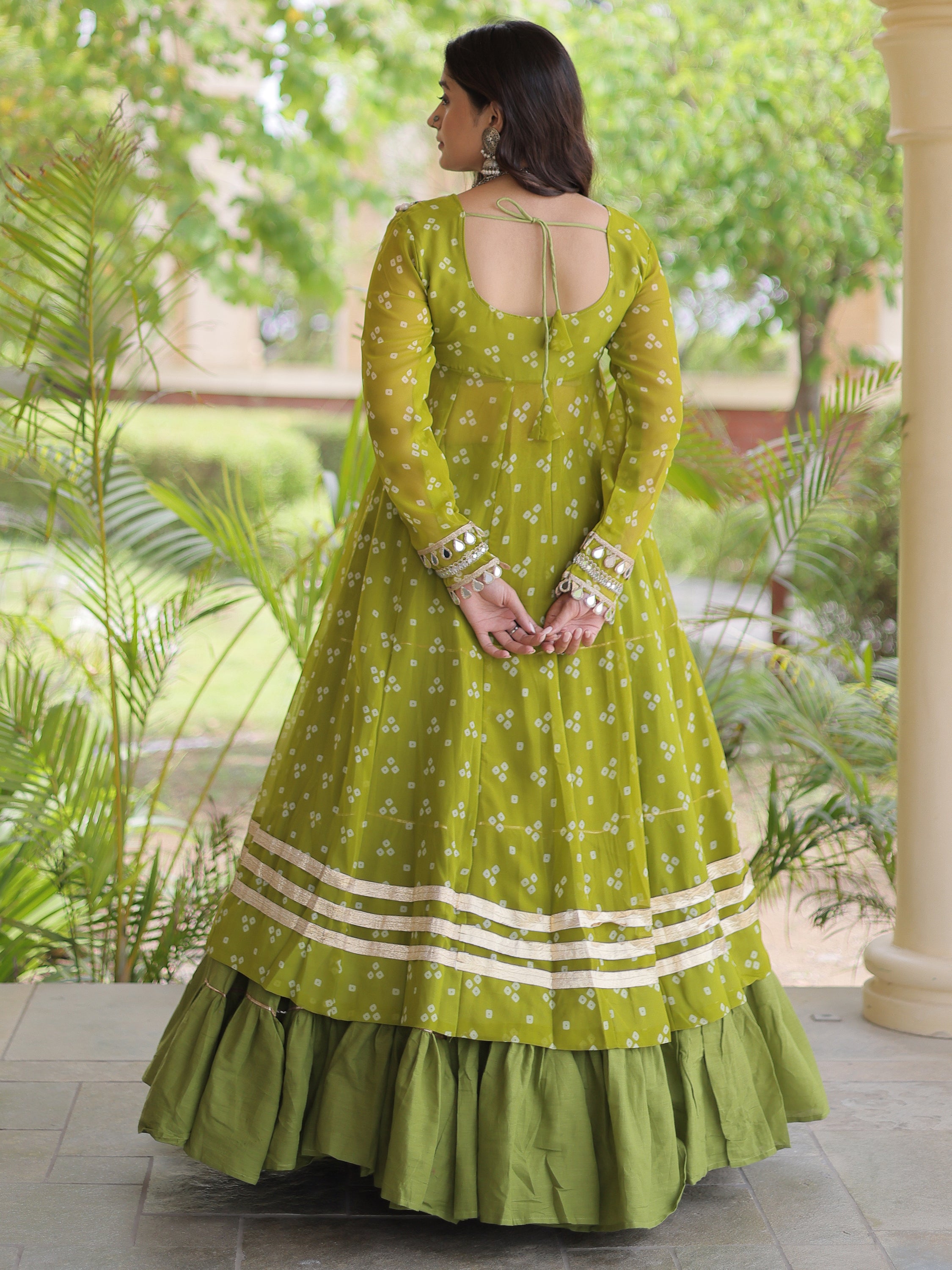 Glorious Olive Green Patch Work Cotton Navratri Wear Lehenga With Kurti
