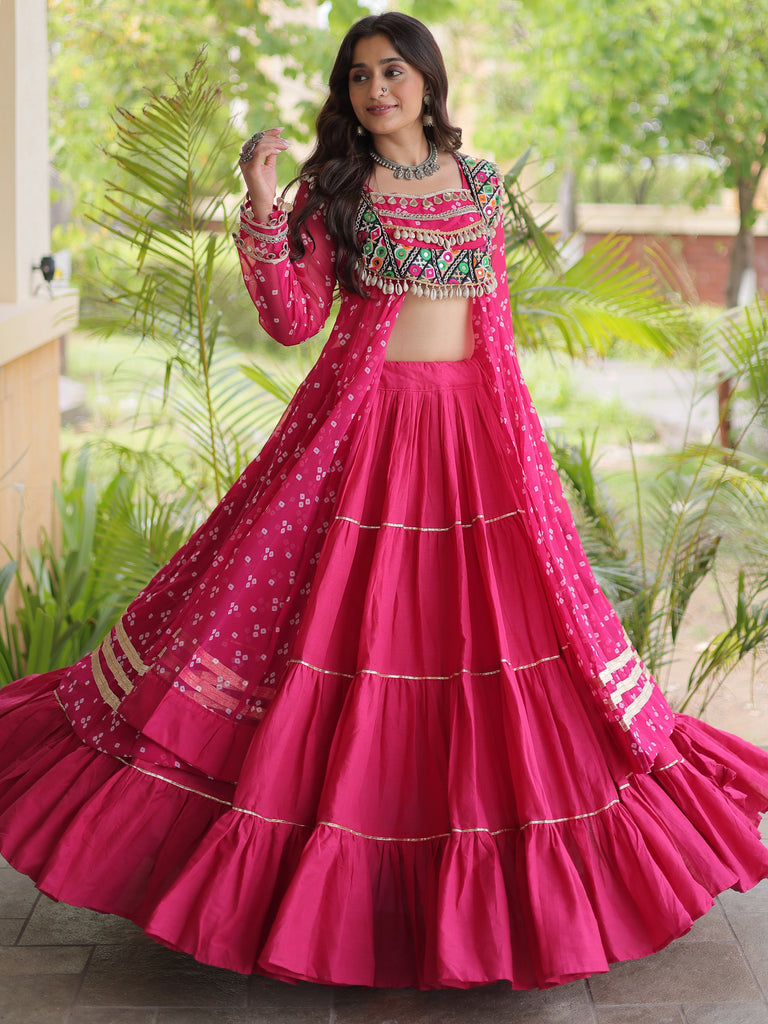 Pretty Hot Pink Bandhani Printed Cotton Navratri Wear Lehenga With Kurti