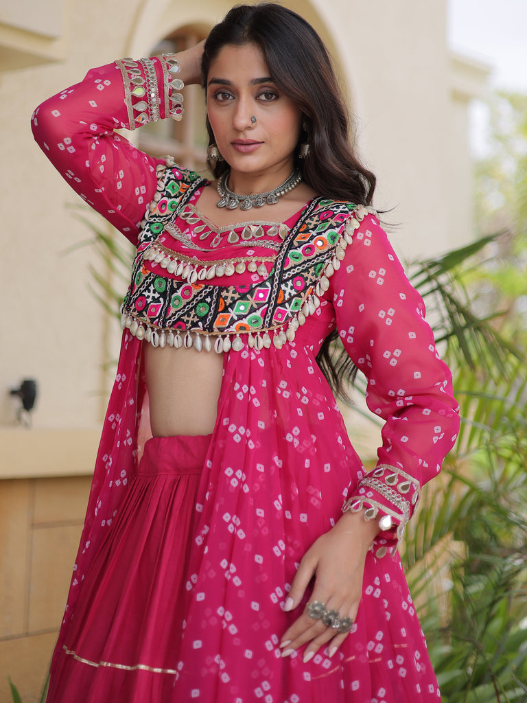 Pretty Hot Pink Bandhani Printed Cotton Navratri Wear Lehenga With Kurti
